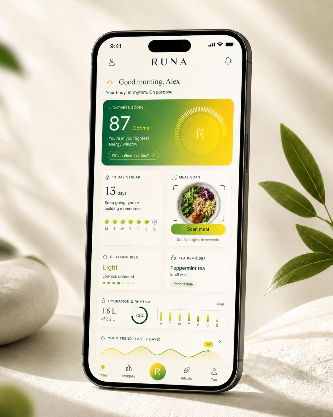 RUNA app interface shown on a smartphone