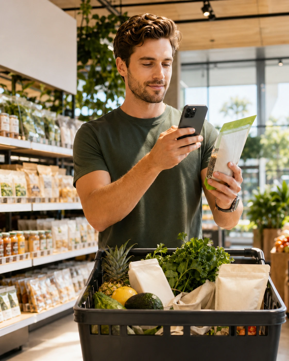 Man using the RUNA app while checking a product in a grocery store