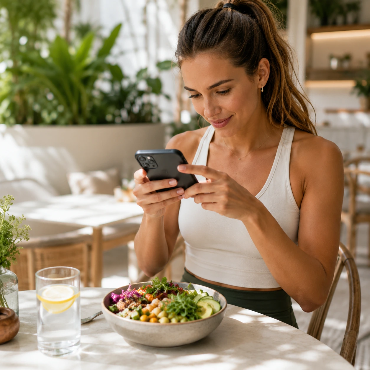 Woman using the RUNA app while scanning her healthy meal