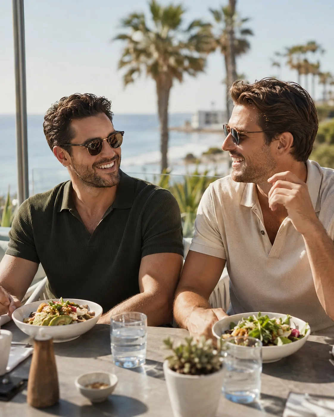 Two friends at a healthy lunch by the sea