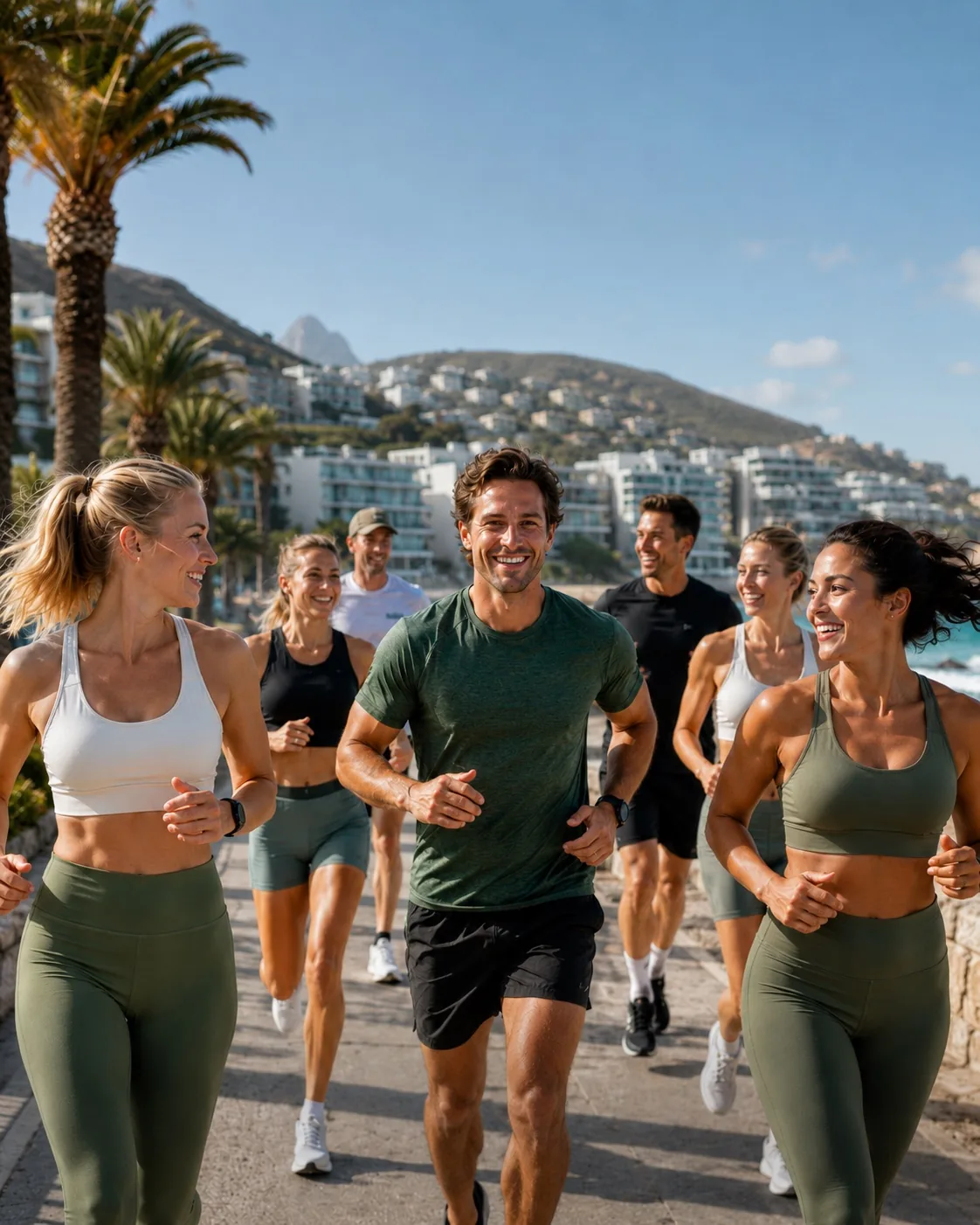 Active running group by the coast
