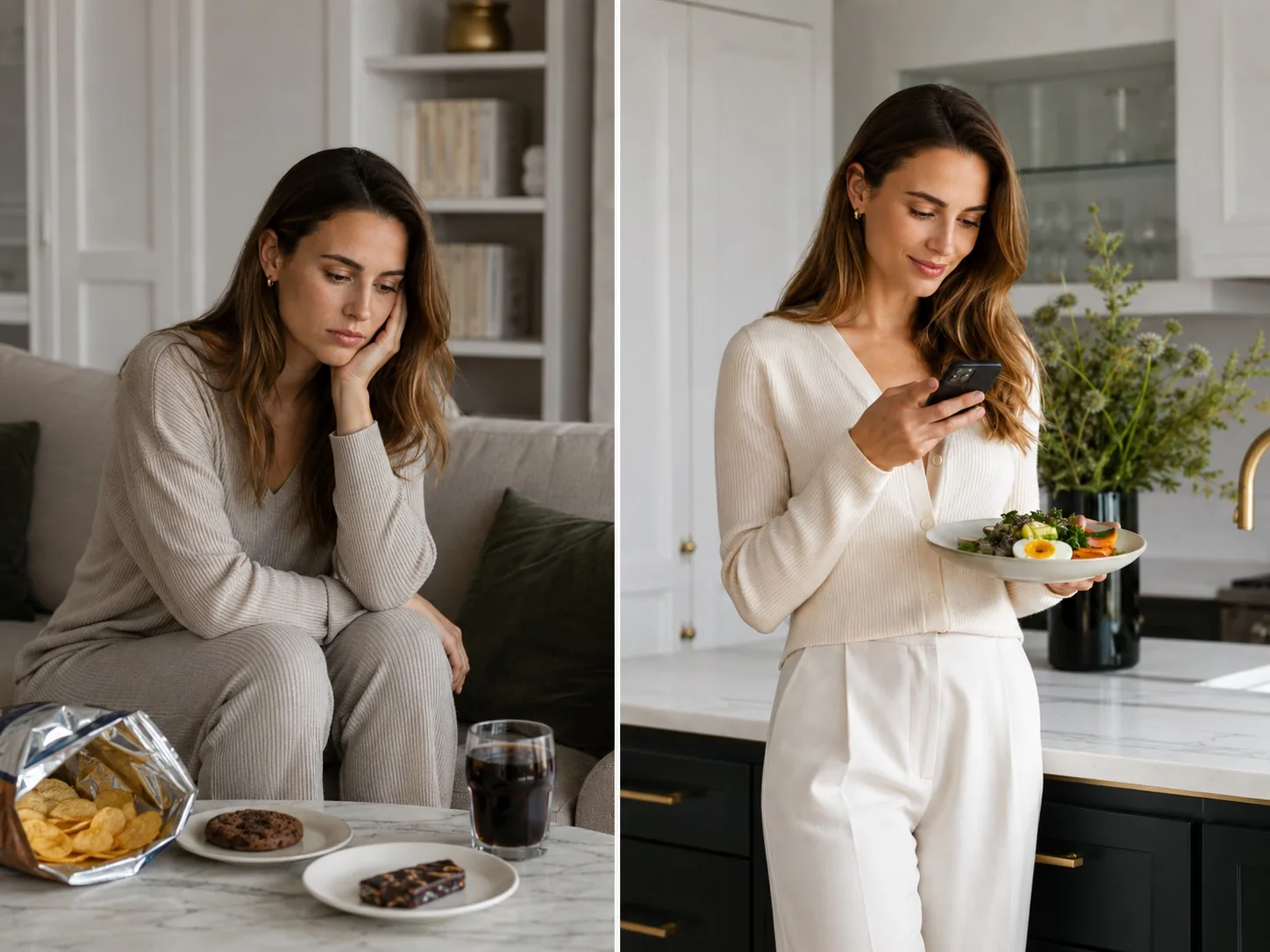 Left: woman tired after chaotic snacking. Right: the same woman calm and light, choosing a fresh balanced meal